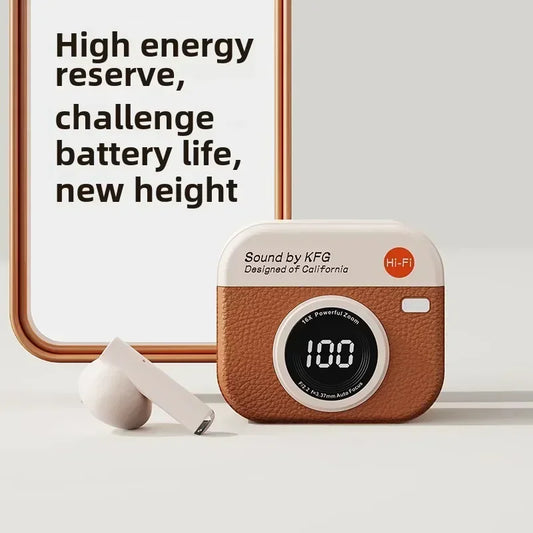 Q86wireless earphones semi in ear retro camera design power display music earphones ultra long battery life sports earphones