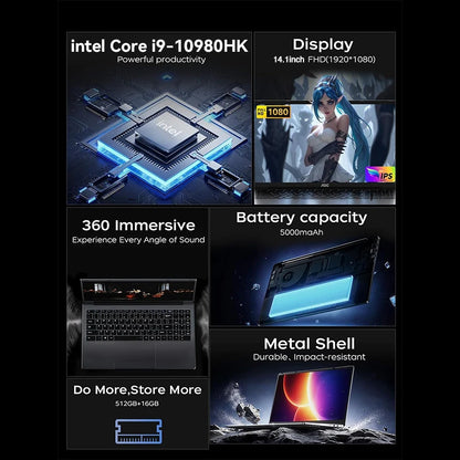 2026 Intel Core i9 10980HK Windows 11 Laptop Gamer 14.1inch RAM 16GB SSD 1TB Gaming Laptops Office Study HD PC Notebook Portable