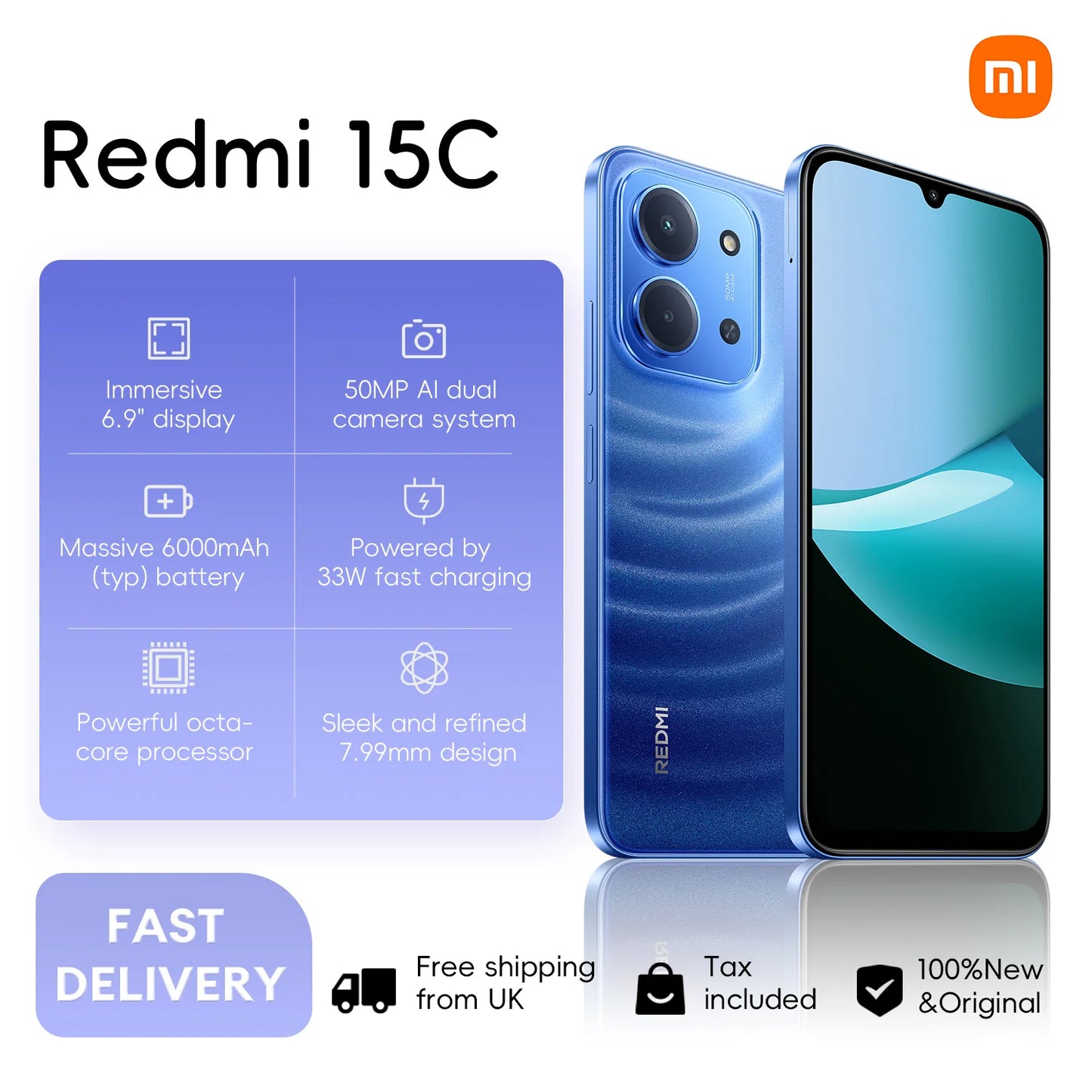 Xiaomi Redmi 15C 4G, 4+256GB Global Version, 6.9“ 120Hz Display MediaTek Helio G81-Ultra Processor 50MP 6000mAh 33W Side fingerprint NFC