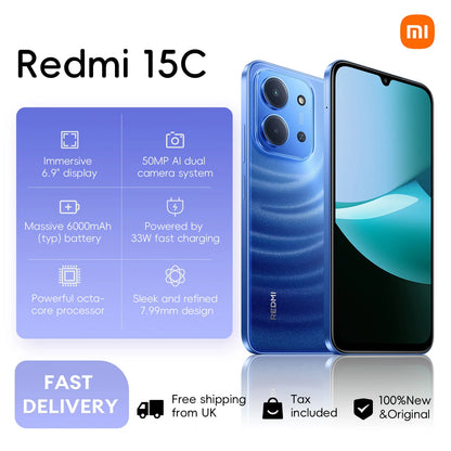 Xiaomi Redmi 15C 4G, 4+256GB Global Version, 6.9“ 120Hz Display MediaTek Helio G81-Ultra Processor 50MP 6000mAh 33W Side fingerprint NFC