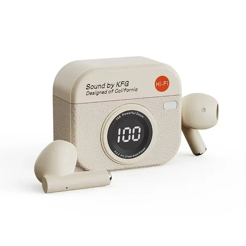 Q86wireless earphones semi in ear retro camera design power display  music earphones ultra long battery life sports earphones