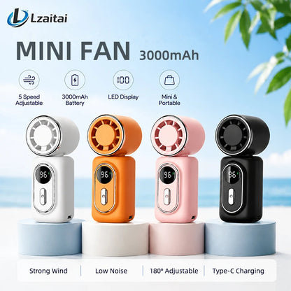 Portable Mini Fan Handheld Small Fan Cooling Turbo High Speed Fans 3000mAh 5 Speeds 180° Adjustable LED Display USB Rechargeable