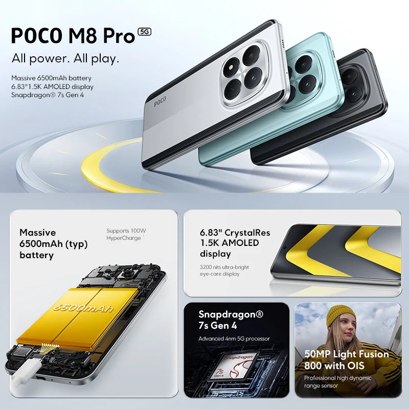 Mobile Phones POCO M8 Pro 5G Global Version Snapdragon 7s Gen 4 6.83' 1.5K 120Hz Display 6500mAh Battery 100W NFC