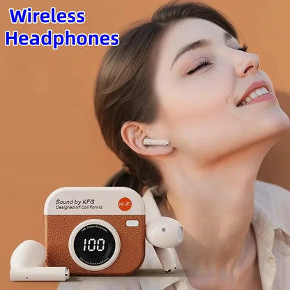 Q86wireless earphones semi in ear retro camera design power display  music earphones ultra long battery life sports earphones